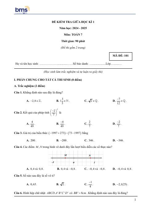 Đề thi Giữa kì 1 Toán 7 năm 2024-2025 trường THCS Ban Mai School (Hà Nội)